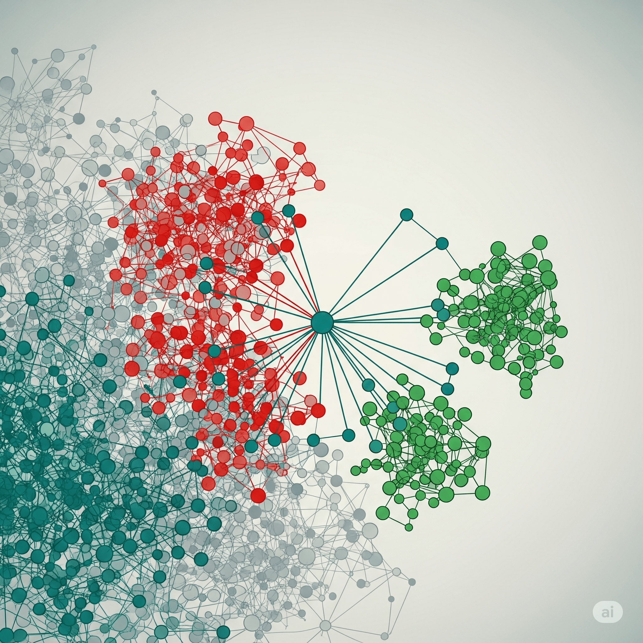 A complex abstract network diagram featuring a central teal node acting as a hub. Numerous lines radiate from this center, connecting to dense clusters of red and green nodes on the right and a sprawling, multi-colored network on the left. Faded grey nodes and thin lines form a background layer, suggesting depth and scale. The aesthetic is clean, modern, and data-driven, perfect for representing connectivity, AI, or complex systems.