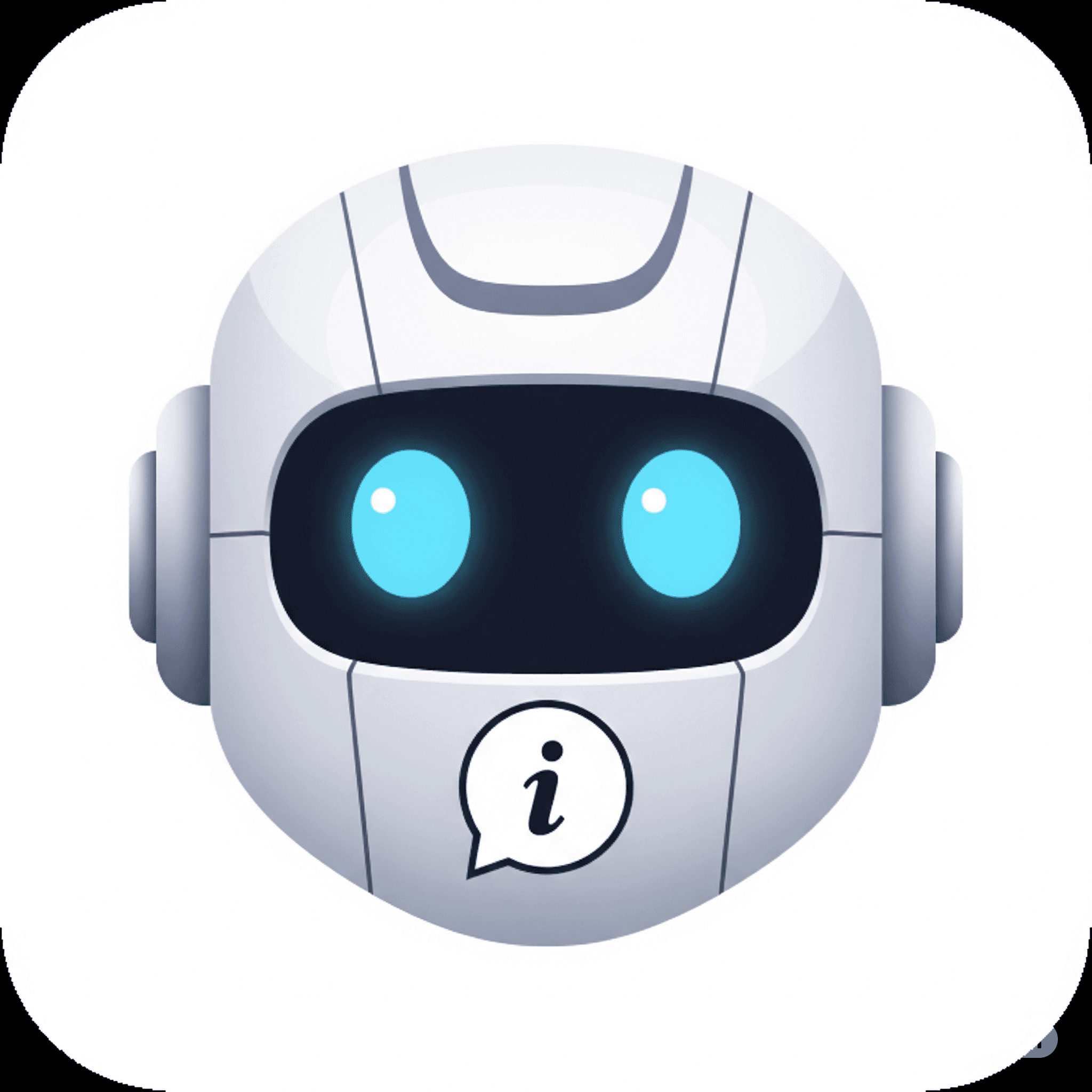 This digital avatar features a sleek, white robotic head with a minimalist design. Its large, glowing cyan eyes are set within a dark visor, giving it a friendly yet high-tech appearance. A prominent speech bubble containing an 'i' symbol sits on its lower face, clearly identifying its role as an informational assistant. The smooth gradients and clean lines make it ideal for modern web interfaces and AI chat applications.