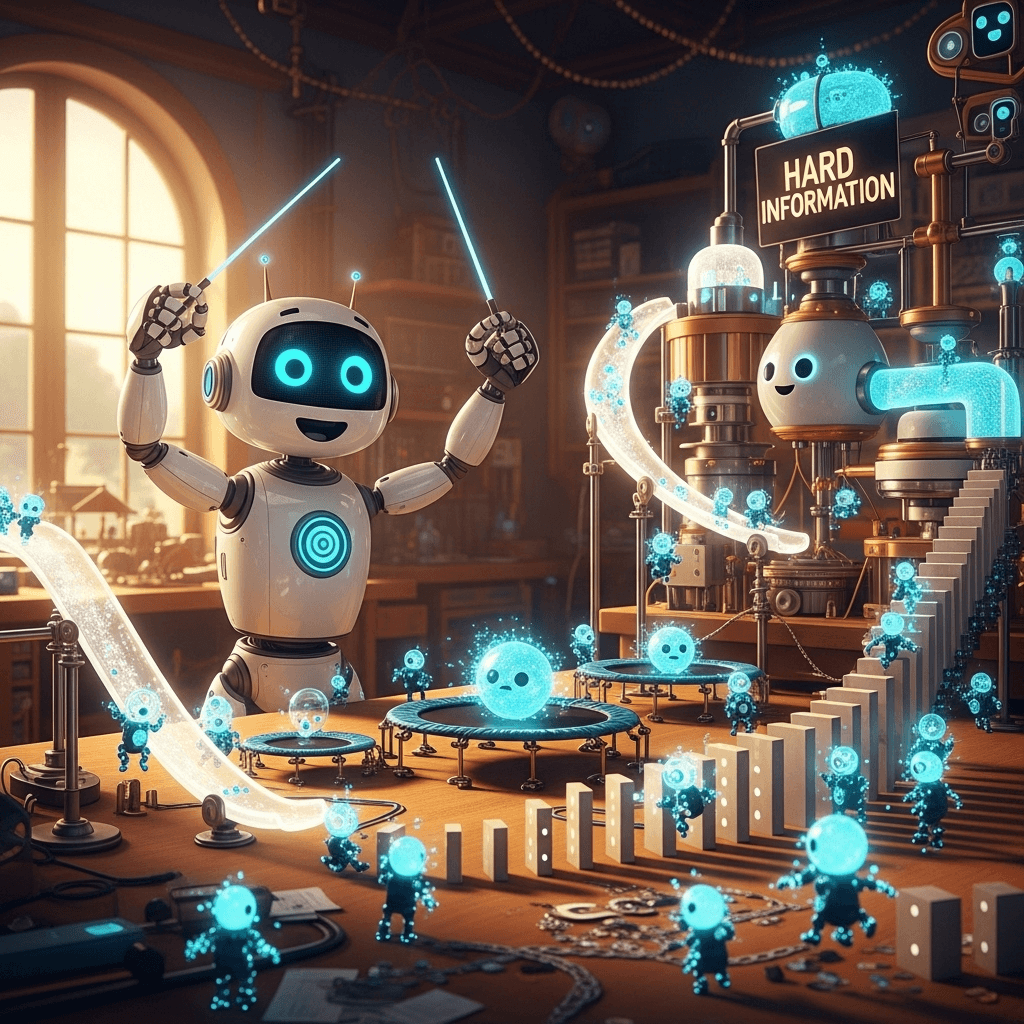 A friendly white robot with glowing blue eyes conducts a whimsical assembly line of small, expressive blue orbs. These orbs traverse a complex system of slides, trampolines, and stairs labeled HARD INFORMATION within a sunlit, detailed workshop. The scene blends high-tech AI concepts with a playful, Rube Goldberg-style mechanical aesthetic, featuring warm lighting and intricate laboratory details.
