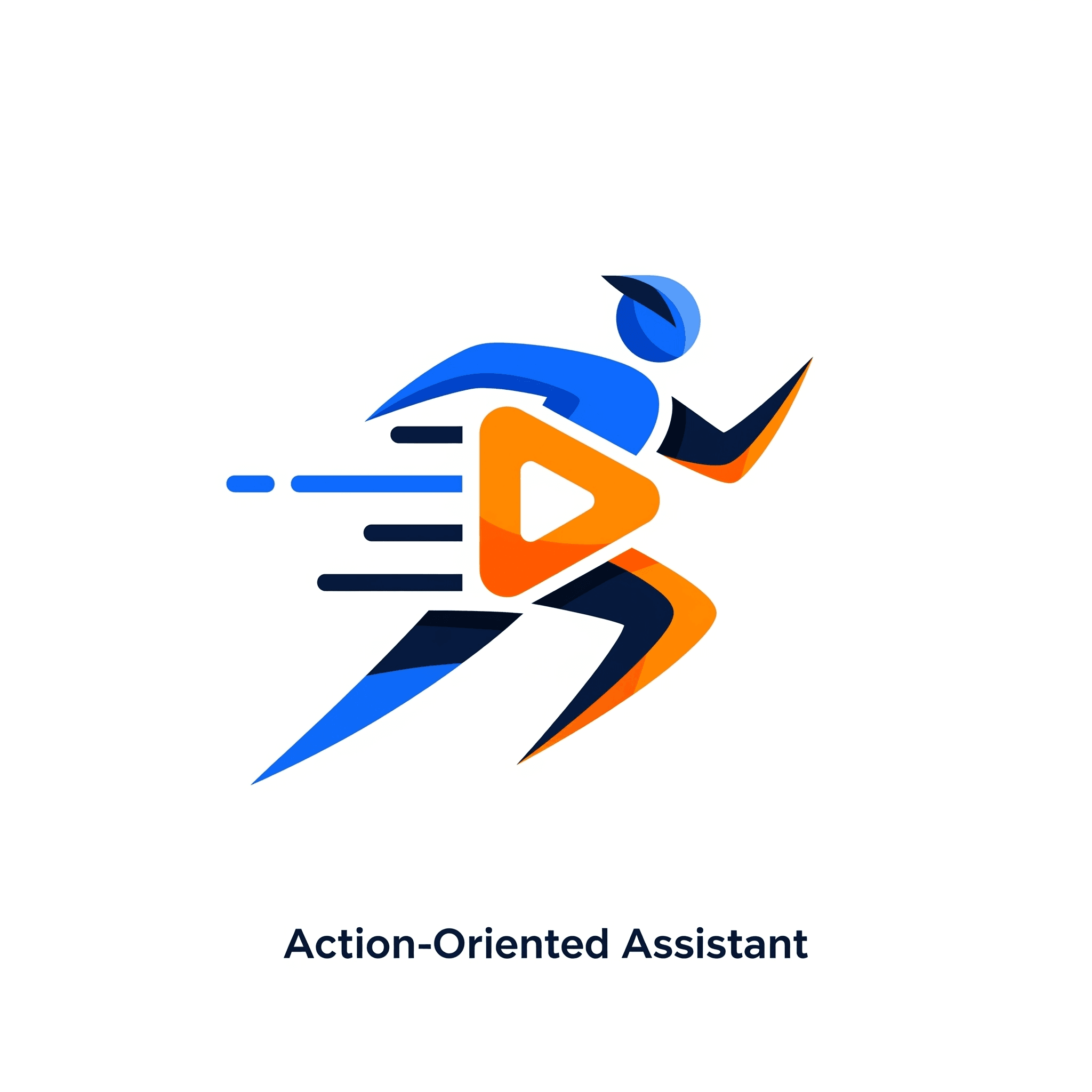 A dynamic, abstract logo featuring a stylized human figure in a sprinting pose, symbolizing speed and efficiency. The design utilizes a vibrant palette of electric blue, bright orange, and deep navy. A prominent orange play button icon is integrated into the figure's torso, suggesting media or action-ready capabilities. Horizontal motion lines trail behind the figure, emphasizing rapid movement against a clean white background.