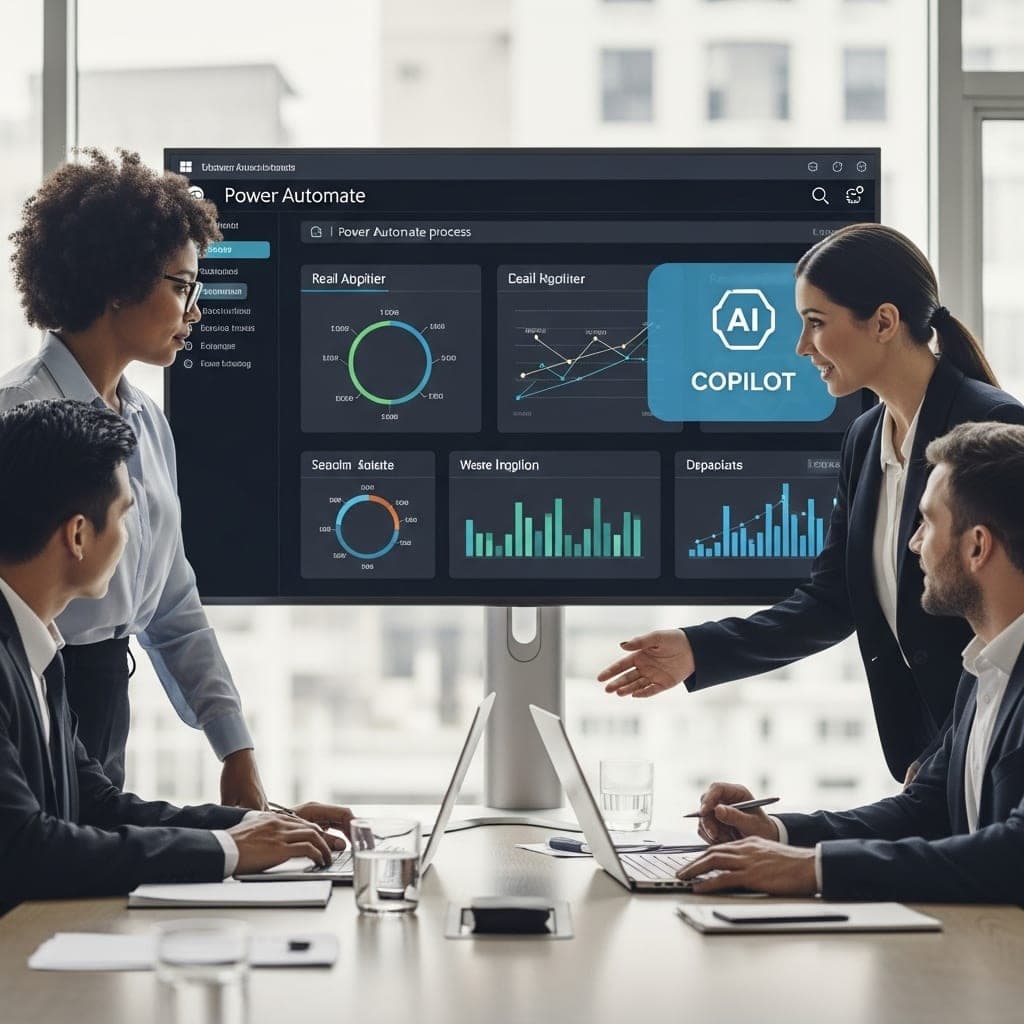 This AI-generated image depicts a diverse team of corporate professionals in a high-tech boardroom. They are gathered around a large monitor showcasing a Microsoft Power Automate dashboard filled with complex data visualizations, charts, and a prominent AI COPILOT badge. The scene emphasizes collaboration and technological advancement in a modern, brightly lit office environment with large windows.