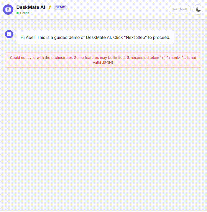 A screenshot of the DeskMate AI guided demo interface experiencing a synchronization error. A red alert banner at the top of the chat area displays a technical error message regarding a failed sync with the orchestrator due to an invalid JSON response (unexpected HTML token). The UI features a minimalist light-mode design with a subtle grid pattern, a top navigation bar with a 'Test Tools' button, and a chat bubble from the AI welcoming a user named Abel.