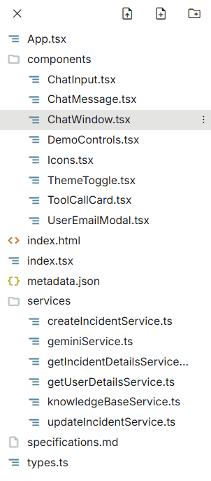 A high-resolution screenshot of a code editor's file explorer sidebar, displaying the organized directory structure of an IT Helpdesk application built with React and TypeScript. The 'components' folder contains UI elements like ChatWindow.tsx and ThemeToggle.tsx, while the 'services' folder lists backend interaction scripts such as geminiService.ts and createIncidentService.ts. The clean, minimalist interface features standard file icons and a light theme, ideal for technical documentation or developer tutorials.