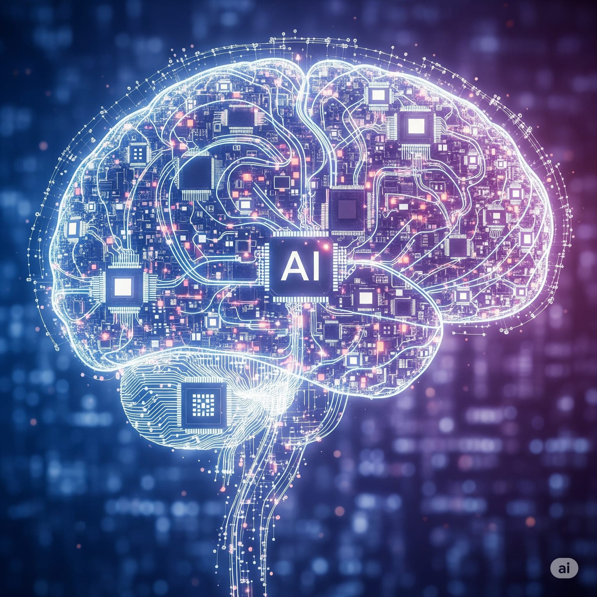 This intricate digital illustration depicts a human brain composed of complex circuitries, microchips, and glowing neural pathways. A central processor prominently displays the letters AI, symbolizing artificial intelligence. The color palette features vibrant blues, purples, and whites against a dark, bokeh-style background, creating a high-tech, futuristic aesthetic suitable for advanced technology themes.