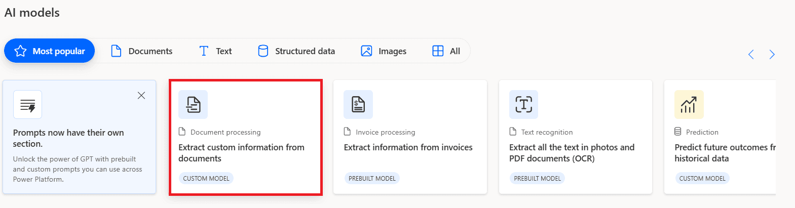A clean web interface titled AI models featuring a horizontal navigation menu with categories like Documents, Text, and Images. Below, a series of cards display various AI capabilities such as Document processing, Invoice processing, and Text recognition. A specific card for custom document extraction is highlighted with a bold red border, showcasing a CUSTOM MODEL badge and a descriptive icon. The design uses a minimalist aesthetic with blue accents and clear typography.