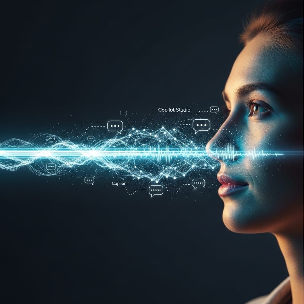A futuristic visualization of a woman interacting with an AI interface. A glowing blue soundwave emanates from her face, integrated with digital network nodes and speech bubble icons. The text "Copilot Studio" is visible within the data stream. The image uses dramatic side-lighting with cool blue and warm orange tones against a deep black background, symbolizing the seamless integration of human speech and artificial intelligence.