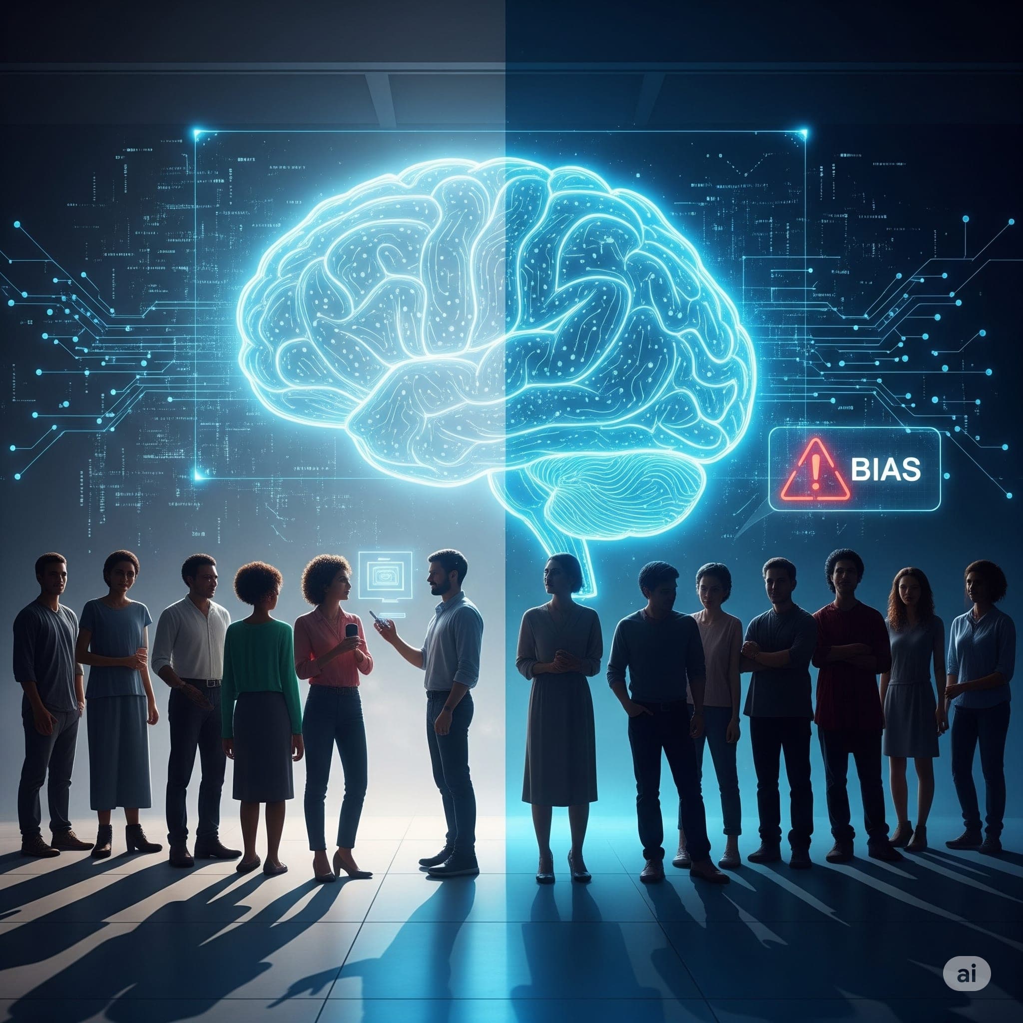 A conceptual digital illustration featuring a large, glowing blue neural network brain floating above a diverse group of people. The composition is split vertically, with the right side cast in shadow and marked by a red BIAS warning sign. Intricate circuit patterns and data streams connect the brain to the figures below, symbolizing the influence of algorithmic decision-making on society.