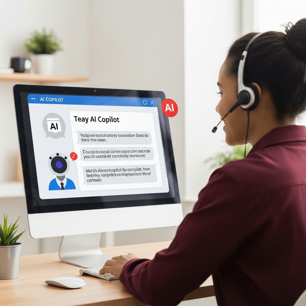 A professional woman with a headset smiles while working at a computer displaying an 'AI Copilot' interface. The scene depicts a modern, bright office setting where human intelligence meets advanced AI chat technology. The interface shows a robot avatar and text bubbles, emphasizing seamless digital collaboration and efficient customer support.