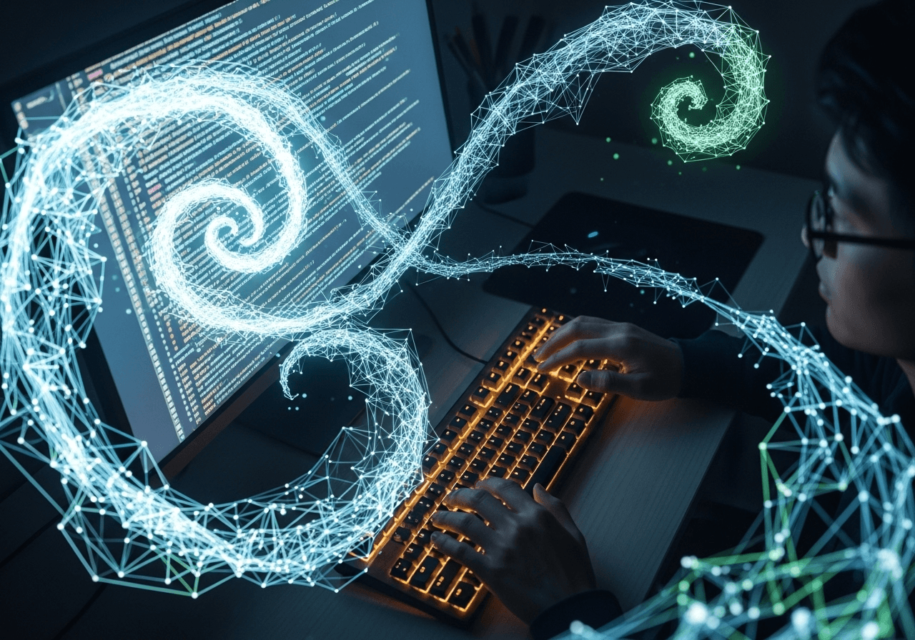 A high-angle, cinematic shot of a developer working on a computer. Glowing, cyan-colored digital wireframe spirals emerge from the monitor, representing the fluid and complex nature of AI-driven code. The developer's hands are on a backlit orange keyboard, creating a sharp color contrast. The scene is dark, emphasizing the luminous digital elements and the focus on the screen's code.