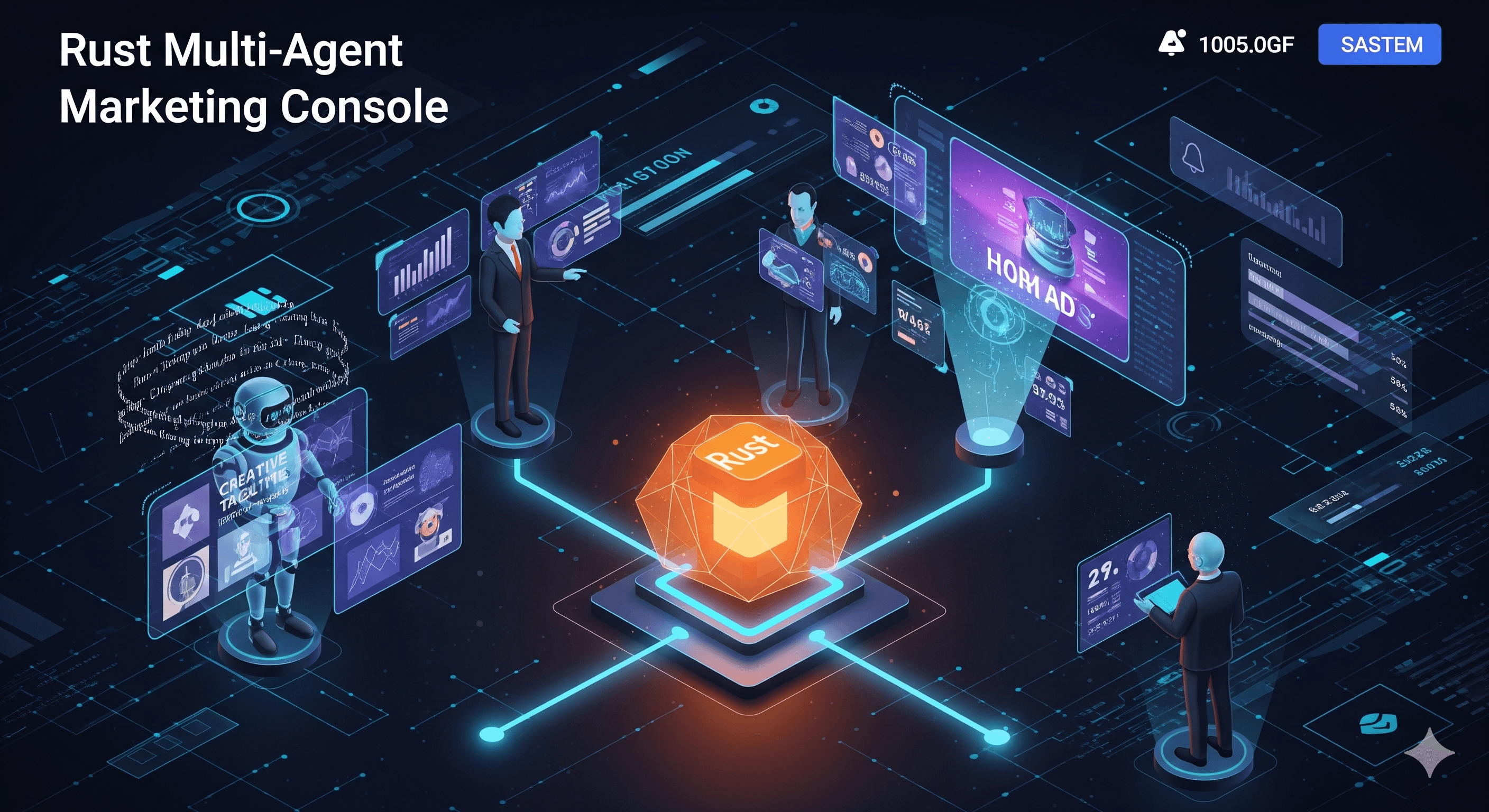 A detailed isometric 3D illustration of a futuristic 'Rust Multi-Agent Marketing Console'. A glowing orange hexagonal core with the Rust logo sits centrally on a neon-lit platform. Four digital agents—three humans in suits and one robot—interact with floating holographic screens showing data charts. The background is a dark navy grid space filled with complex data visualizations and cyan light trails. High-contrast lighting from the orange core and blue holograms creates a sophisticated, high-tech atmosphere.