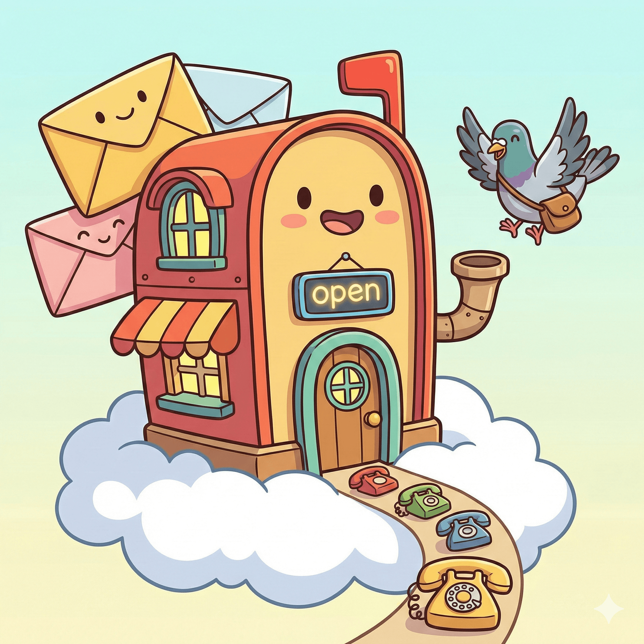A charming, cartoon-style illustration of a mailbox-shaped building floating on a fluffy white cloud. The building features a friendly smiling face, a red roof, and a glowing 'open' sign. A path of colorful vintage rotary phones leads to the wooden front door. A carrier pigeon with a satchel flies nearby, while smiling envelopes peek out from behind the structure. The soft pastel color palette creates an inviting and playful atmosphere.
